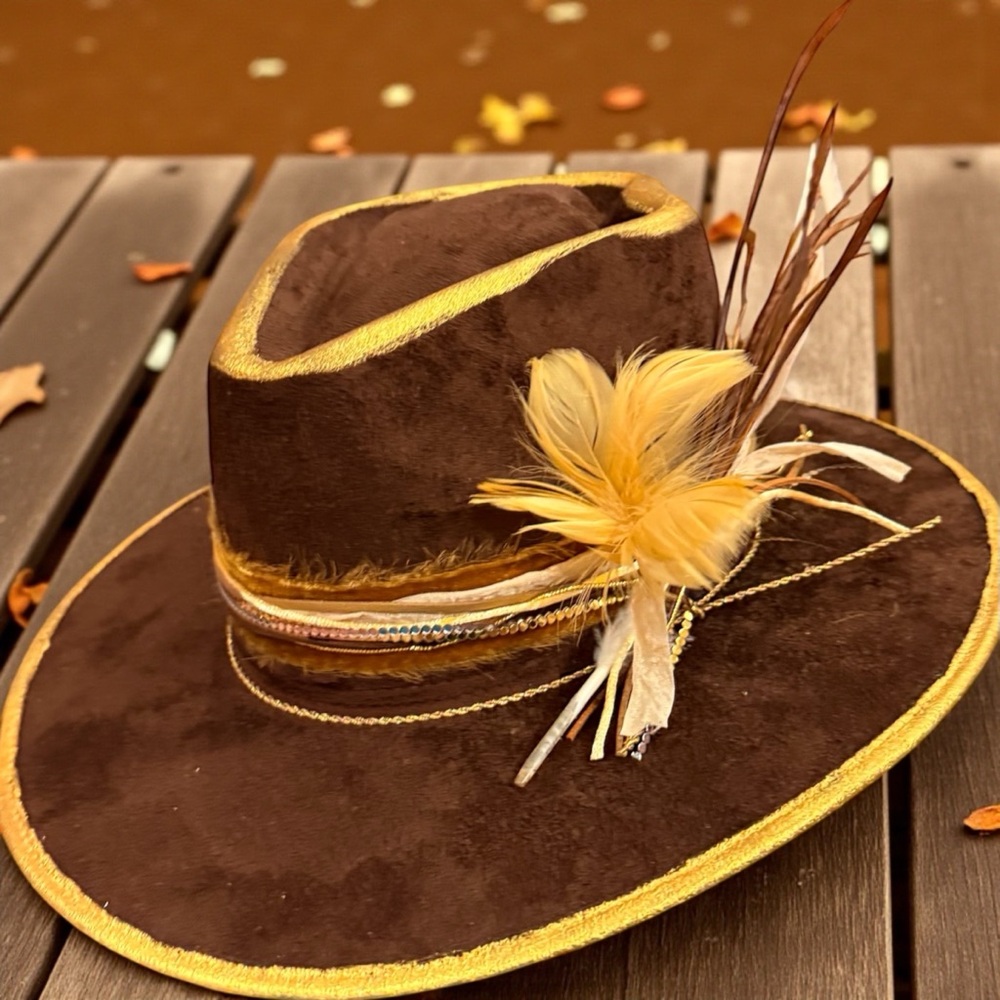 Elegant Brown Hat with Gold Accents and Feathers